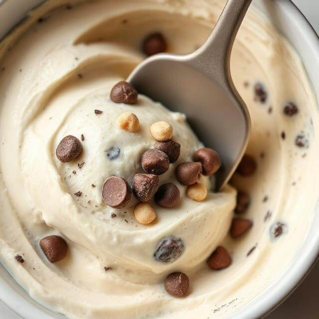 Bowl of high-protein ice cream with chocolate chips and nuts being folded in
