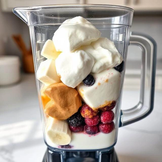 A spoon adding cocoa powder and vanilla extract to a blender with a creamy base mixture