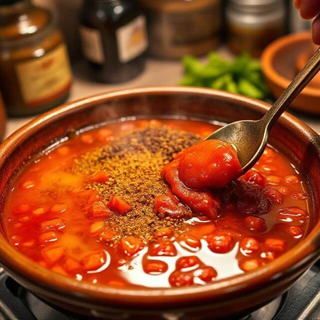 Spices and crushed tomatoes being added to a simmering pan for Moroccan tagine sauce