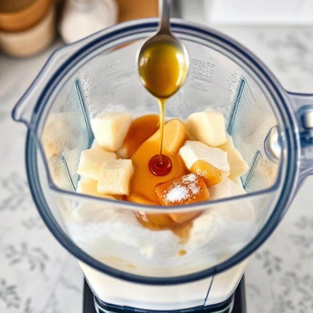 Adding vanilla extract and sweeteners to a blender filled with protein ice cream mixture.