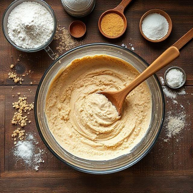 A person pouring whisked eggs and yogurt into the dry waffle batter mixture in a bowl.