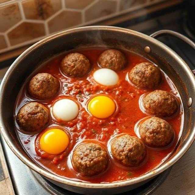 Cracking eggs over Moroccan kefta meatballs in a rich tomato sauce in a tagine