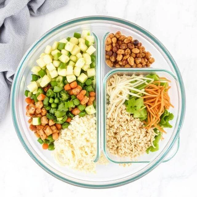 Meal prep containers filled with Greek chicken, rice, chopped veggies, and tzatziki sauce.

