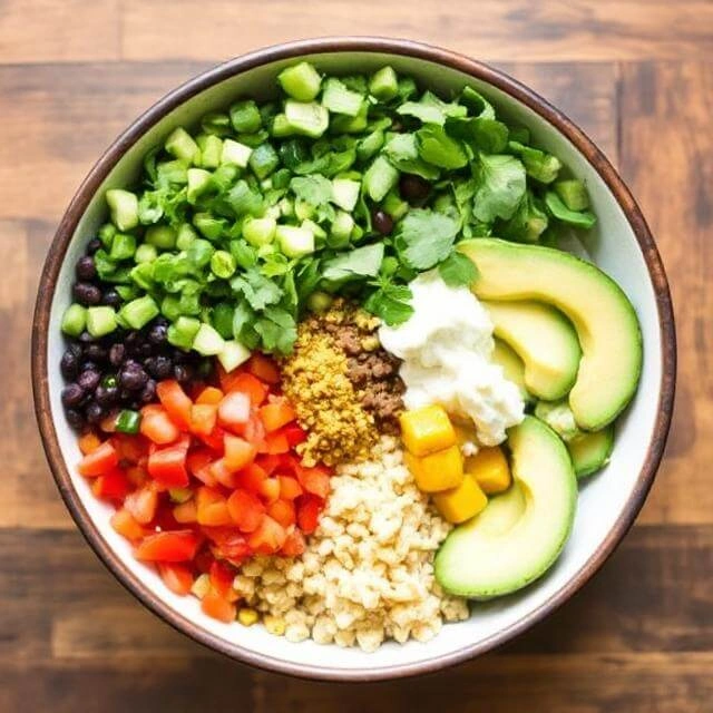 A fully assembled vegan burrito bowl with layers of rice, protein-rich beans, fresh veggies, avocado, and a drizzle of salsa.