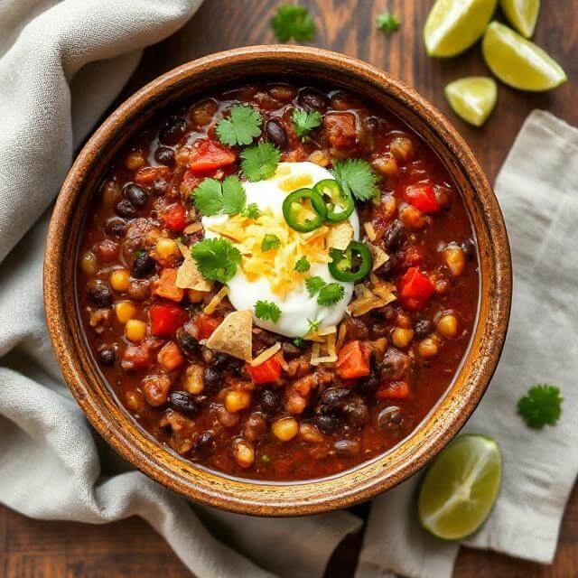 A hearty bowl of black bean chili garnished with cilantro, served with a slice of cornbread on the side.