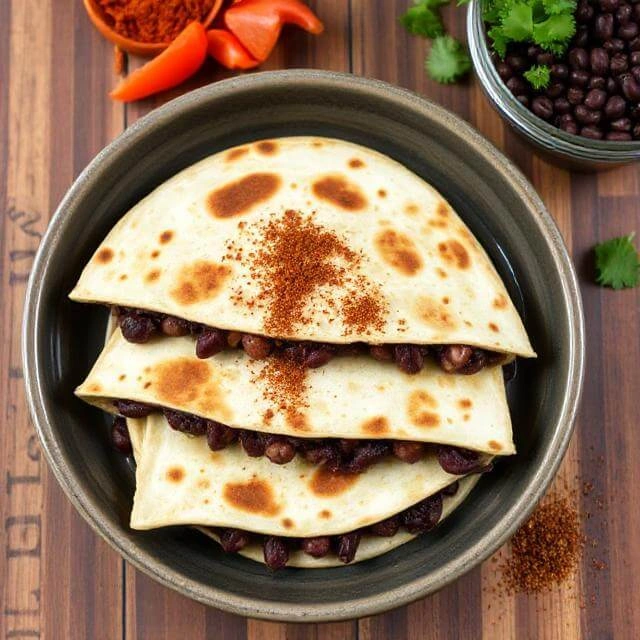 Crispy golden quesadillas filled with spiced black beans and melted cheese, sliced into triangles and served with salsa.