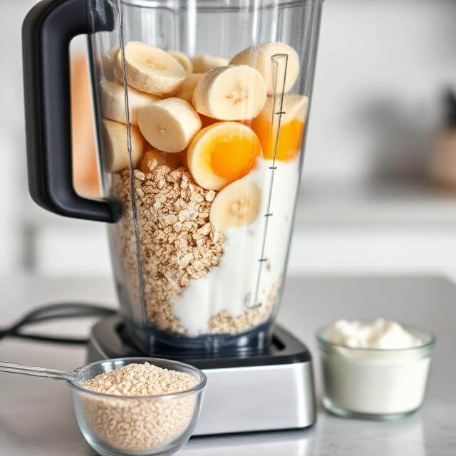 Blender with a mixture of mashed bananas, oats, eggs, and protein powder being blended until smooth.