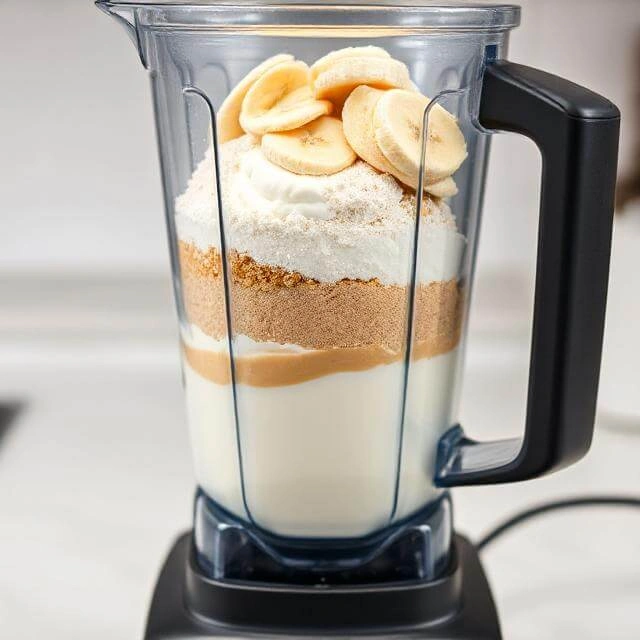 A blender mixing frozen bananas, protein powder, and milk to make a smooth ice cream base.