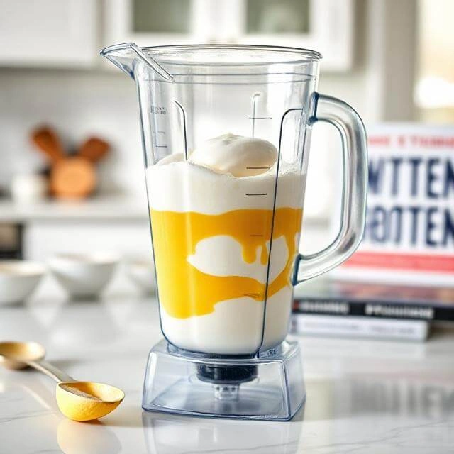 A bowl of wet ingredients, including eggs, milk, and vanilla extract, being whisked together for high-protein waffles.