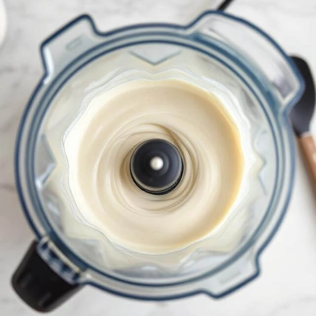 Adding vanilla extract and sweeteners to a blender filled with protein ice cream mixture.
