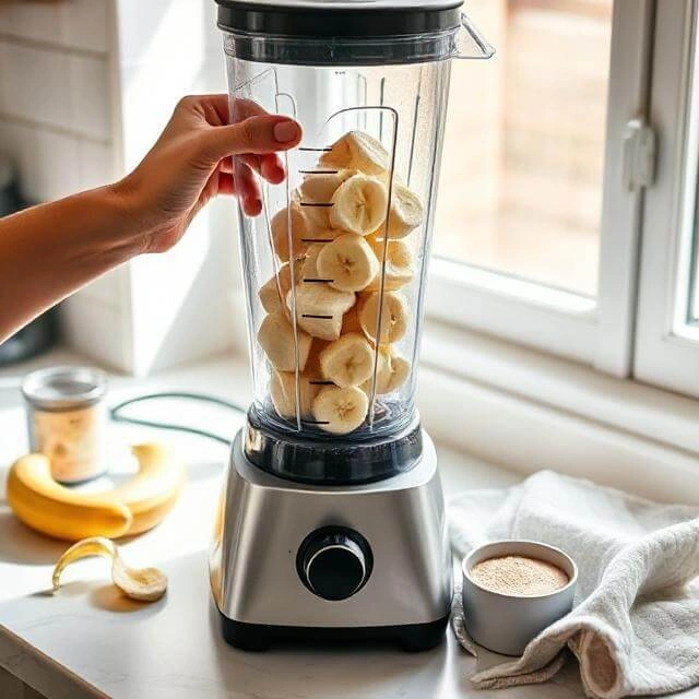 Close-up of a blender mixing a creamy protein shake or smoothie base with protein powder and liquid ingredients.