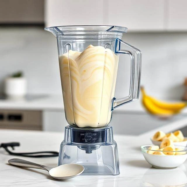 Blender mixing frozen banana, protein powder, and almond milk into a smooth, creamy texture.