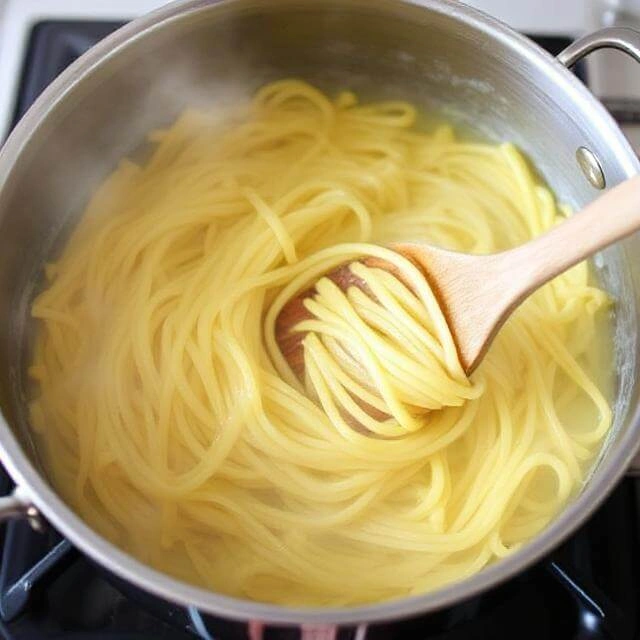 Pasta cooking in a pot of boiling water, ready to be drained for the next step.

