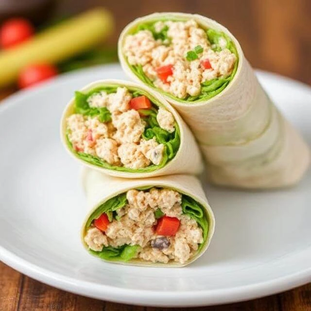 Canned tuna salad wrapped in a whole wheat tortilla with fresh vegetables and a drizzle of dressing.