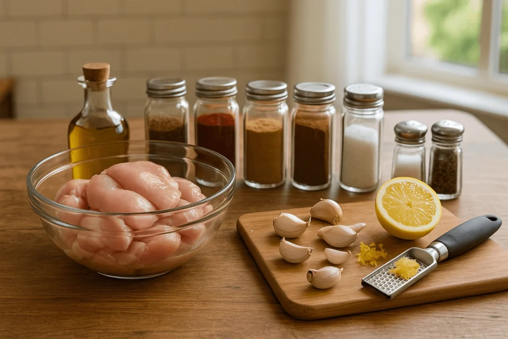 Ingredients for Moroccan Chicken Couscous, including chicken thighs, couscous, spices, vegetables, and fresh herbs.