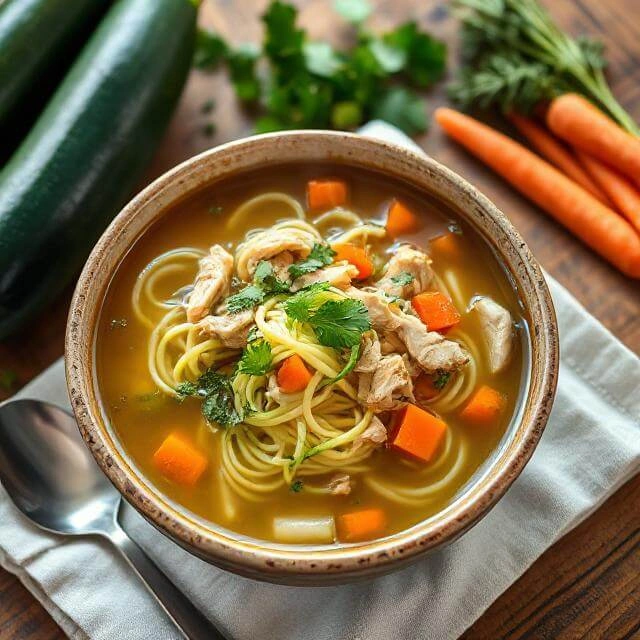 Bowl of chicken zoodle soup with spiralized zucchini noodles, shredded chicken, and fresh herbs.