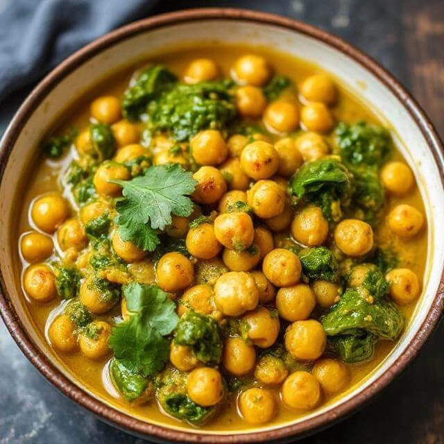 A bowl of chickpea and spinach curry with a rich, flavorful sauce, served with rice.