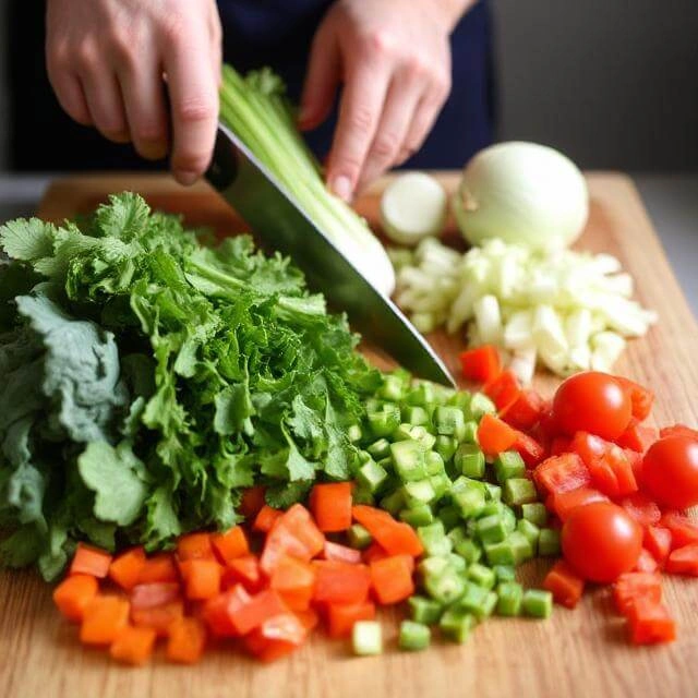 Assorted fresh vegetables like cucumber, tomato, and red onion being chopped on a cutting board.

