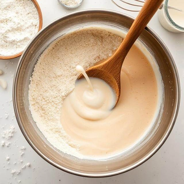 The dry ingredients are being gradually added to the wet ingredients to form a smooth waffle batter with a spoon adjusting the consistency.