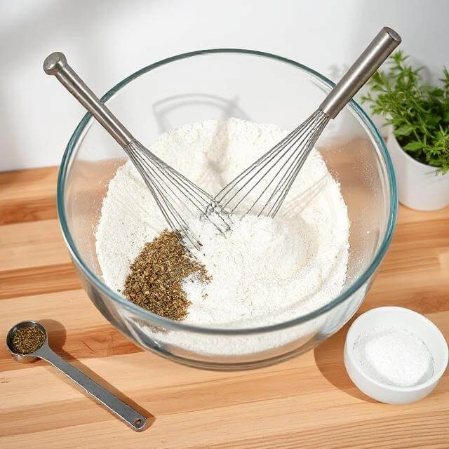 Dry ingredients like oat flour, baking powder, and herbs being added to a mixing bowl