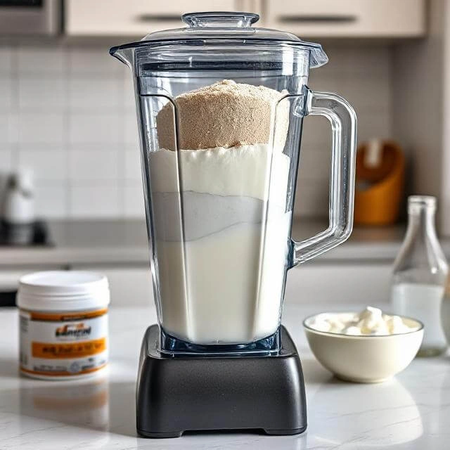 Measuring protein powder and pouring almond milk into a blender.
