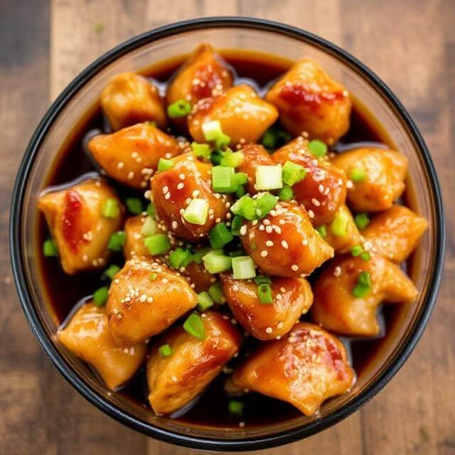 Crispy Korean popcorn chicken tossed in glossy gochujang sauce, topped with sesame seeds and chopped green onions.