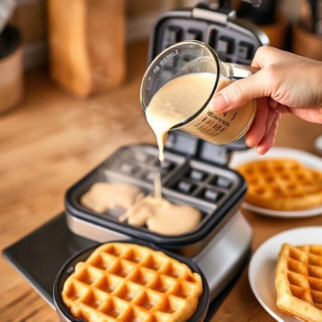 Pouring the waffle batter onto a preheated waffle iron to cook the banana waffles.