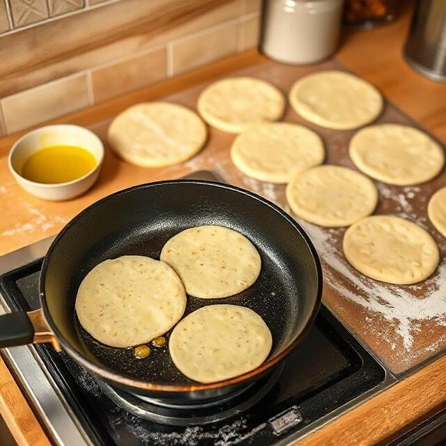Golden-brown flatbread cooking in a skillet, with a spatula gently lifting it.

