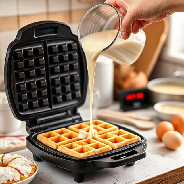 A person turning on a waffle iron, adjusting the temperature to medium-high heat.