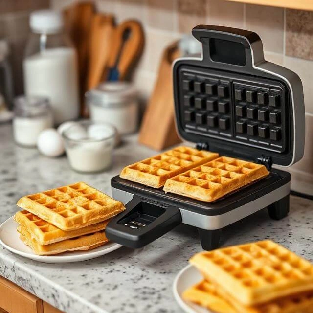 Waffle batter cooking in a waffle iron, creating golden, crispy waffles.