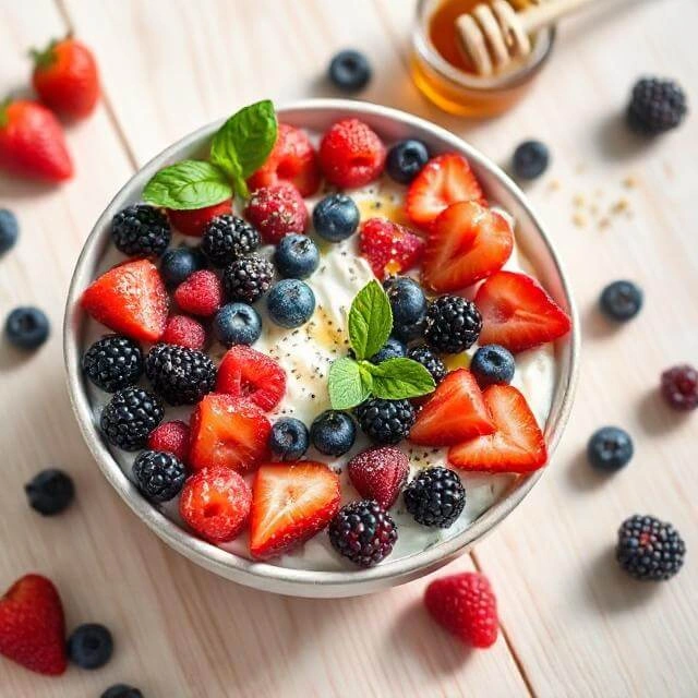A vibrant bowl of cottage cheese topped with fresh mixed berries, nuts, and seeds.