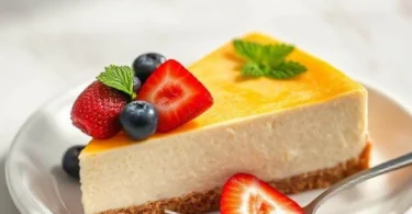 A creamy slice of cottage cheese cheesecake garnished with fresh strawberries and mint leaves