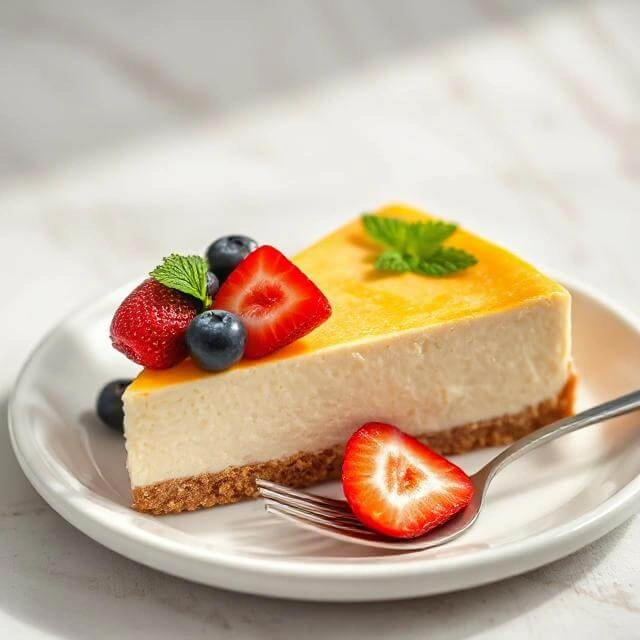 A creamy slice of cottage cheese cheesecake garnished with fresh strawberries and mint leaves