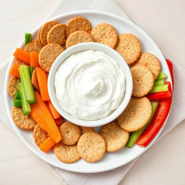 Cottage Cheese & Crackers served with fresh veggies for a balanced snack.
