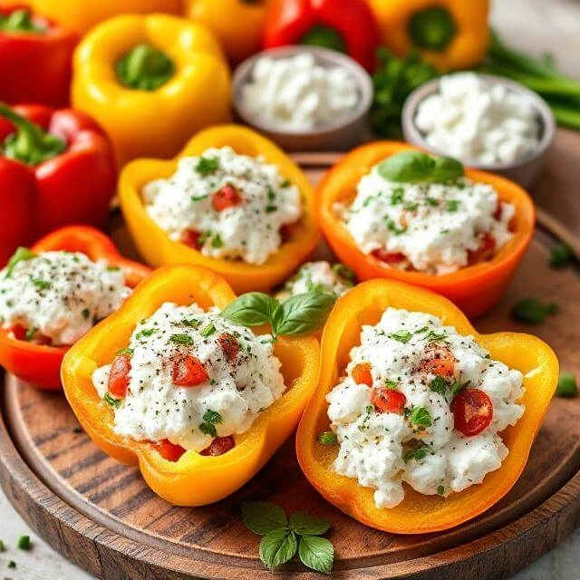 Colorful bell peppers stuffed with creamy cottage cheese and herbs, baked to perfection.