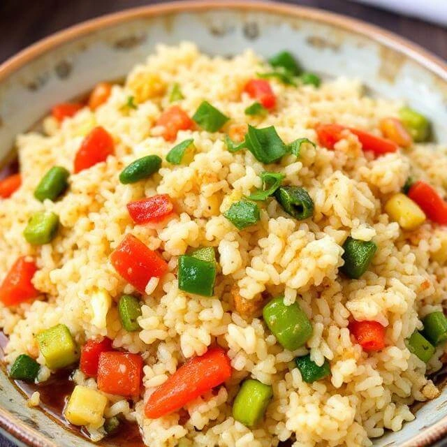 A skillet of golden egg fried rice mixed with colorful diced vegetables and a glossy soy sauce glaze.