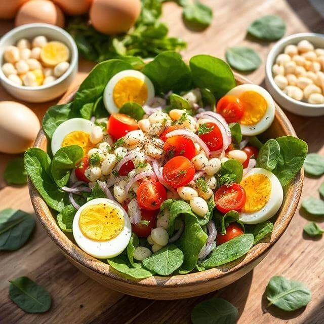 Fresh spinach salad topped with white beans, sliced boiled eggs, and a light dressing.