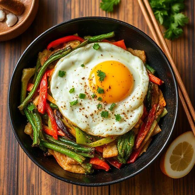 A colorful egg and veggie stir-fry with bell peppers, onions, and spinach, served in a skillet.