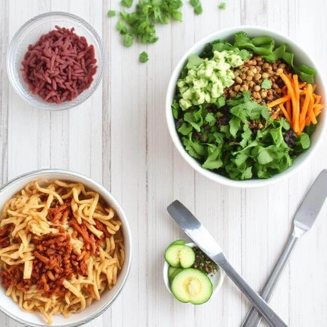 A beautifully plated vegan burrito bowl garnished with cilantro, a wedge of lime, and a drizzle of salsa.