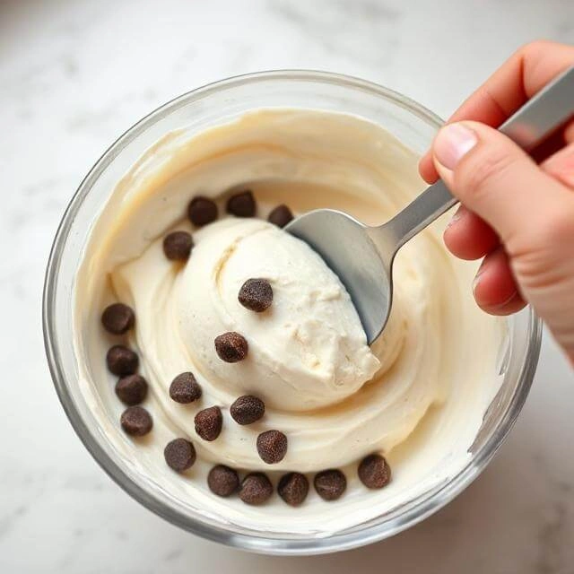 Gently folding in chocolate chips, nuts, and fruit into the protein ice cream mixture