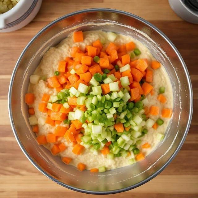 Chopped vegetables being gently folded into waffle batter in a mixing bowl