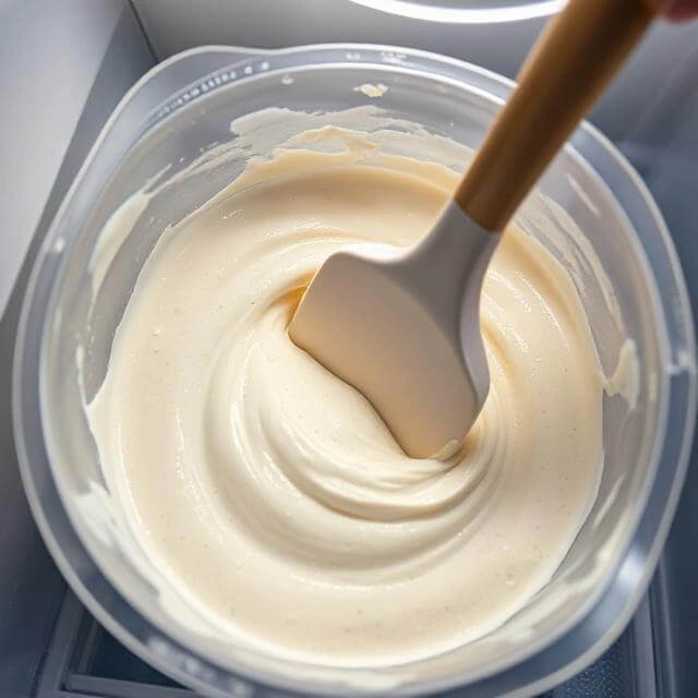 Partially frozen protein ice cream being stirred with a spoon