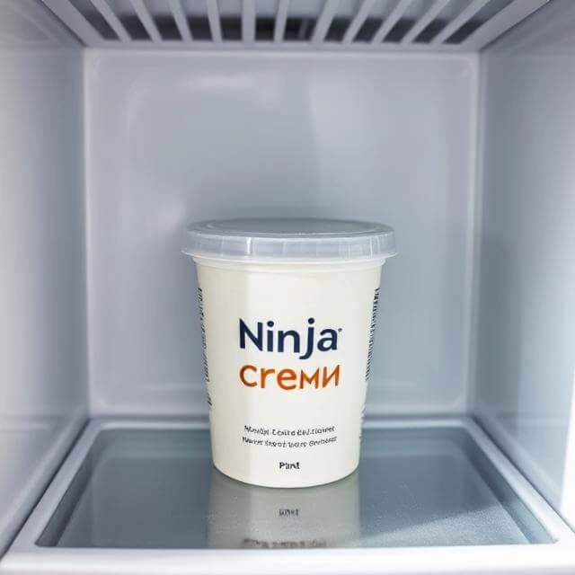 Protein ice cream mixture in a Ninja Creami pint container placed inside a freezer.