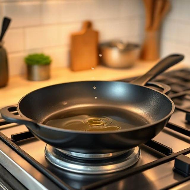 Non-stick skillet heating on a stovetop over medium heat