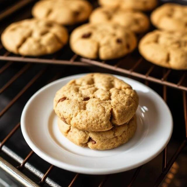 Baking sheet with high-protein cookies in the oven, turning golden brown and beginning to crisp.