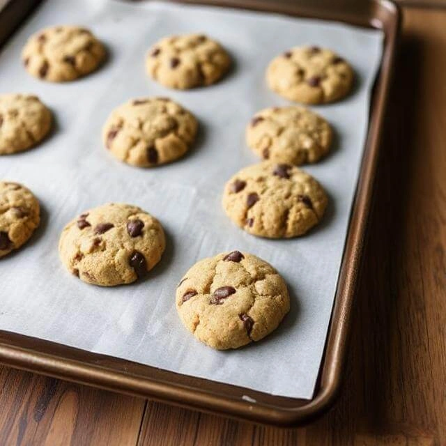 Scooping high-protein cookie dough onto a baking tray with a spoon, ready to be shaped into even portions.