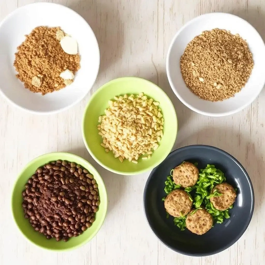 Ingredients for high-protein cookies with Quest Bars, including a Quest Bar, almond flour, chocolate chips, and a bowl of eggs and vanilla extract.
