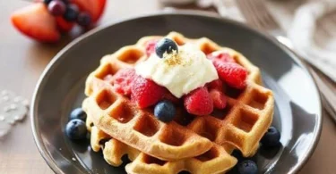 Golden high-protein waffle topped with Greek yogurt, berries, and a drizzle of honey on a white plate.