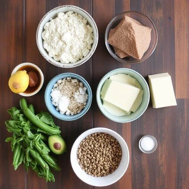 Ingredients for high-protein waffles laid out on a countertop, including eggs, protein powder, oats, Greek yogurt, and almond milk.