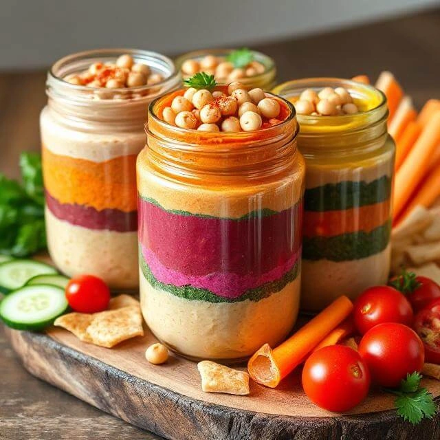 Colorful jars layered with creamy hummus, chickpeas, and a variety of fresh chopped vegetables.